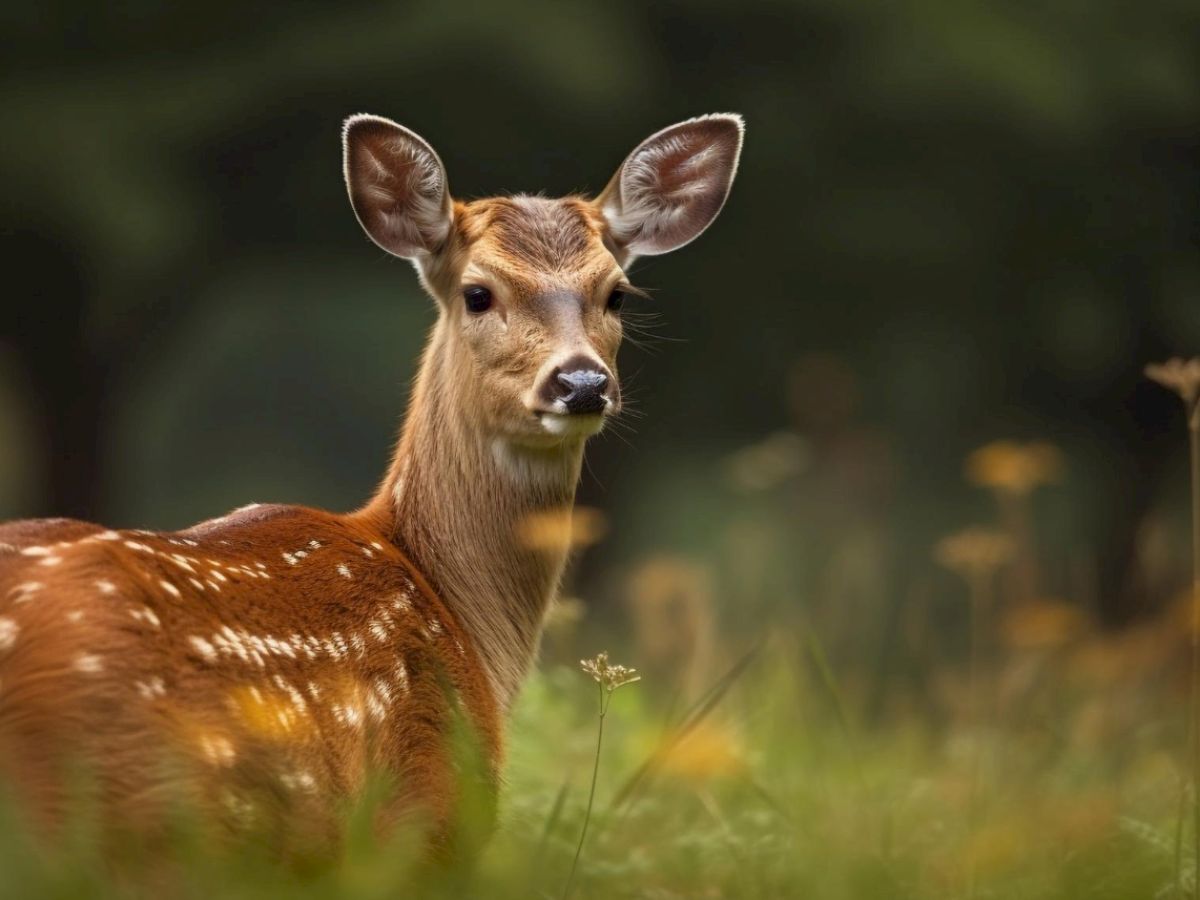 A spotted deer stands in a field with dandelions, looking into the distance.