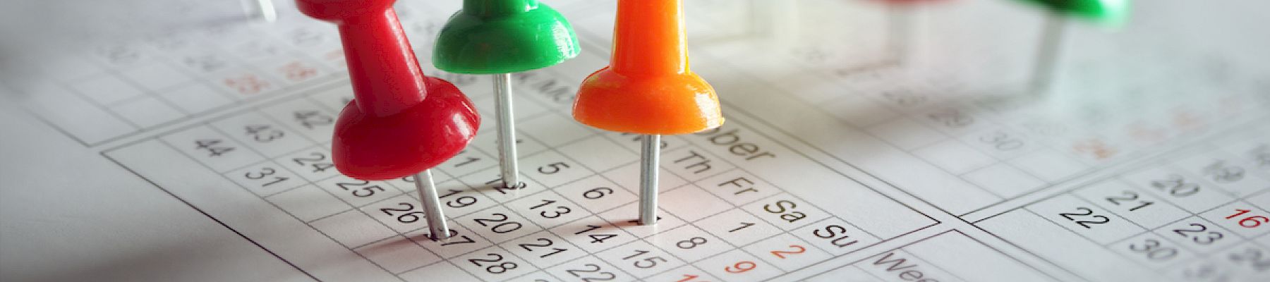 Colorful pushpins stuck on a calendar, signifying dates and events.