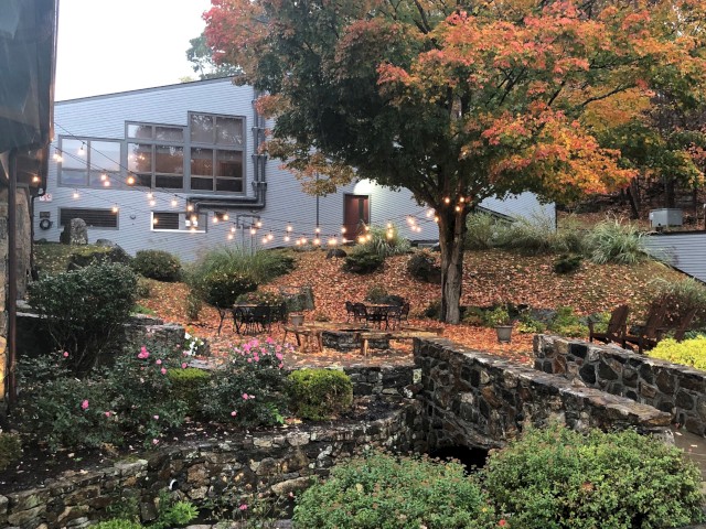 Autumn trees with a building in the background, stone walls, and garden beds.