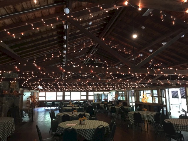 Inside the Kinderhaus showing the pin lights, tables and chairs