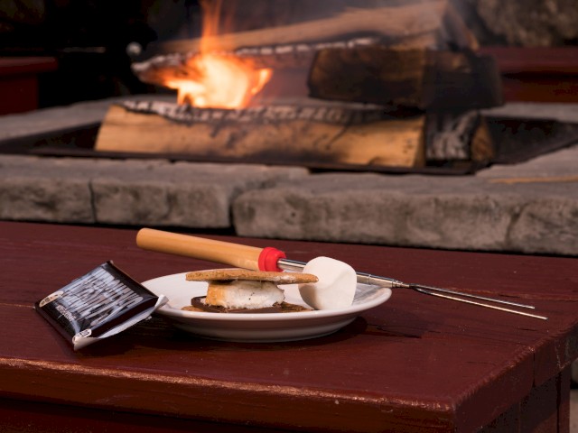 plate of s'mores fixings in front of a fire pit