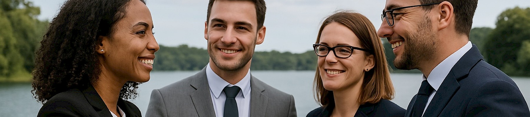 A group of four people in business attire stand outdoors by a lake, two shaking hands, all smiling in a friendly setting.